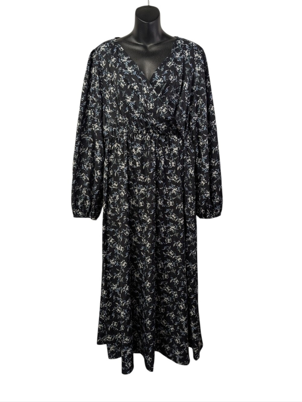 anna-kaci Women's XL Black Floral Wrap Maxi Dress Long Sleeve V-Neck Ruffle NWT